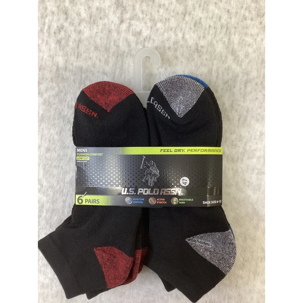 US Polo Assn Mens 6 Pair Low Cut Cushion Comfort Socks Black Blue Red Grey 6-12